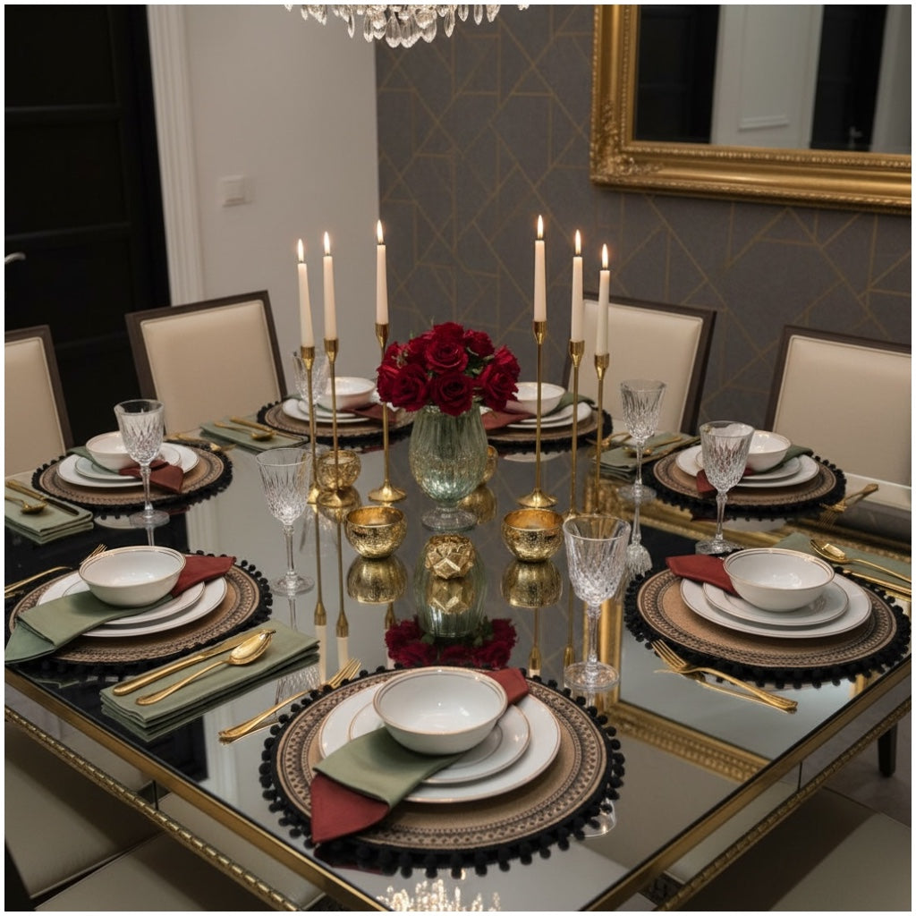 Elegant Woven Brown Round Placemats - Set of 4 with Black Trim - 37cm