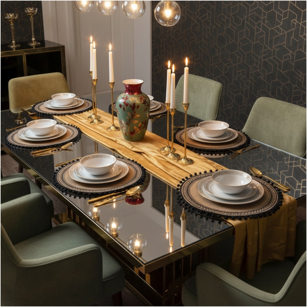 Elegant Woven Brown Round Placemats - Set of 4 with Black Trim - 37cm