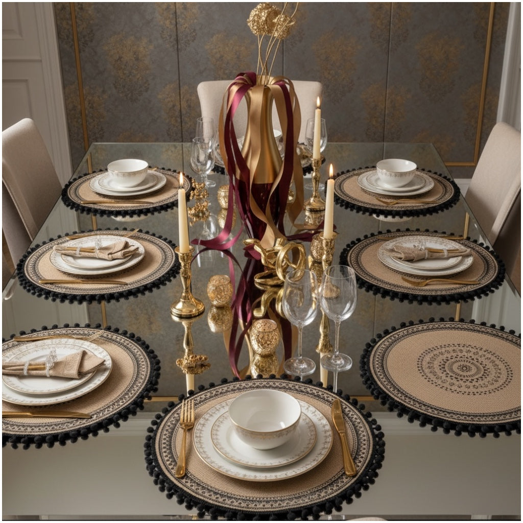 Elegant Woven Brown Round Placemats - Set of 4 with Black Trim - 37cm