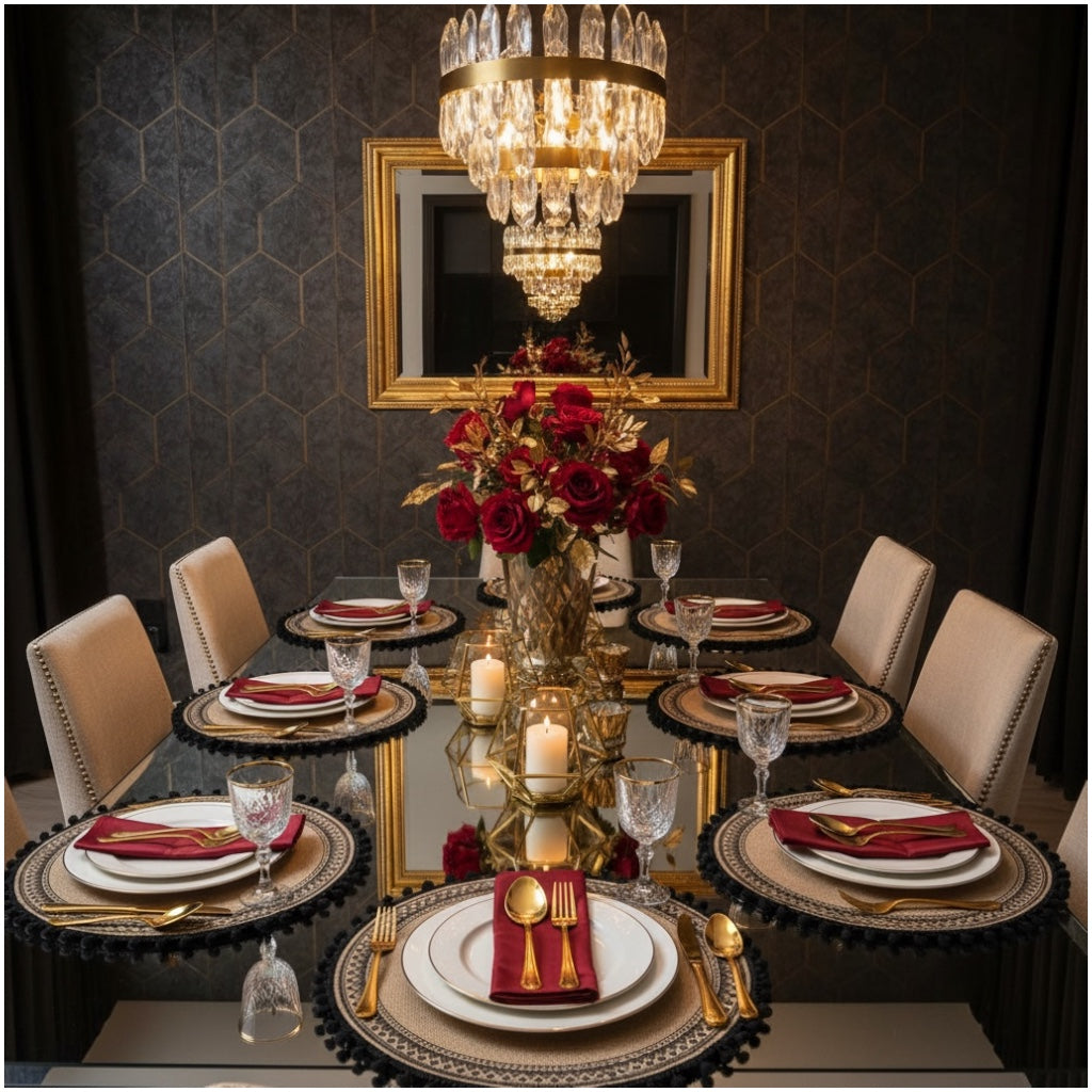 Elegant Woven Brown Round Placemats - Set of 4 with Black Trim - 37cm