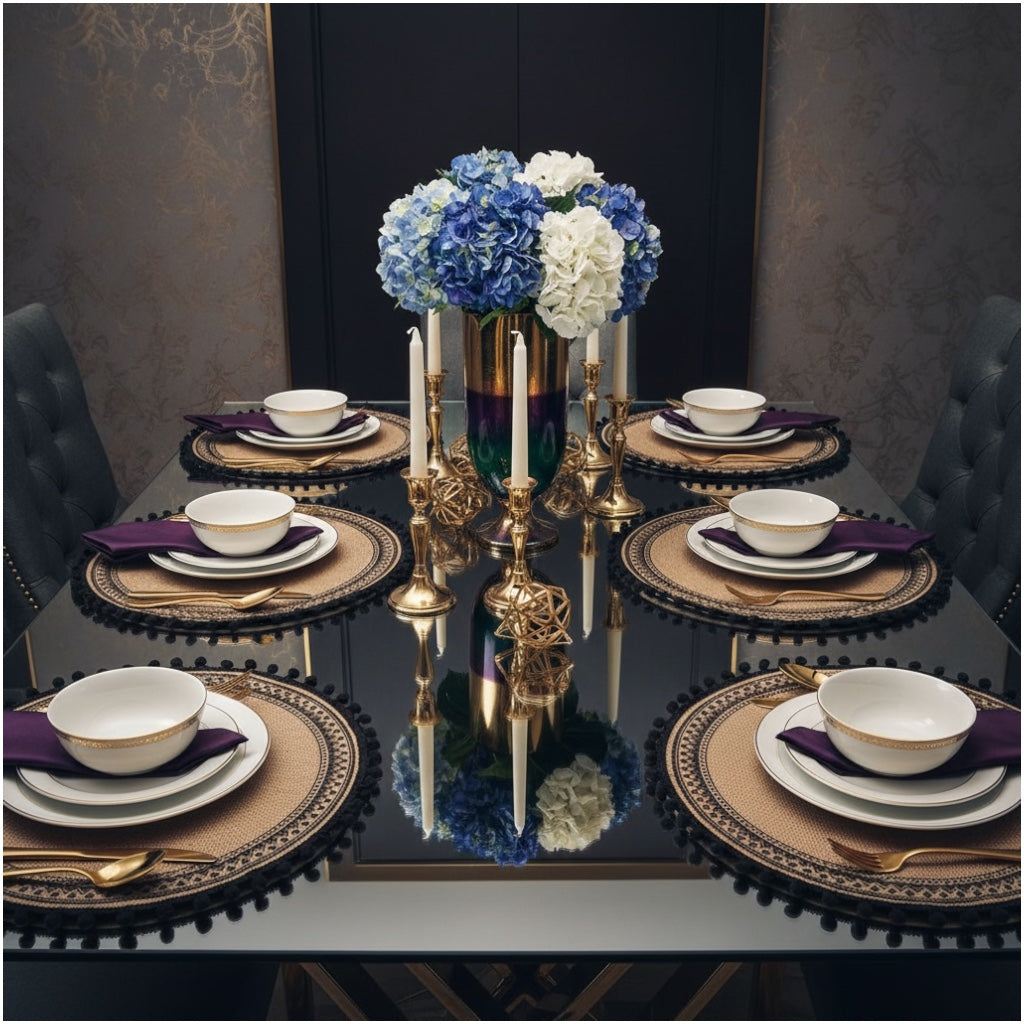 Elegant Woven Brown Round Placemats - Set of 4 with Black Trim - 37cm