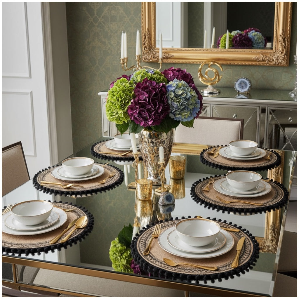Elegant Woven Brown Round Placemats - Set of 4 with Black Trim - 37cm