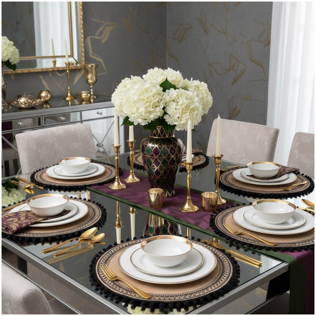Elegant Woven Brown Round Placemats - Set of 4 with Black Trim - 37cm