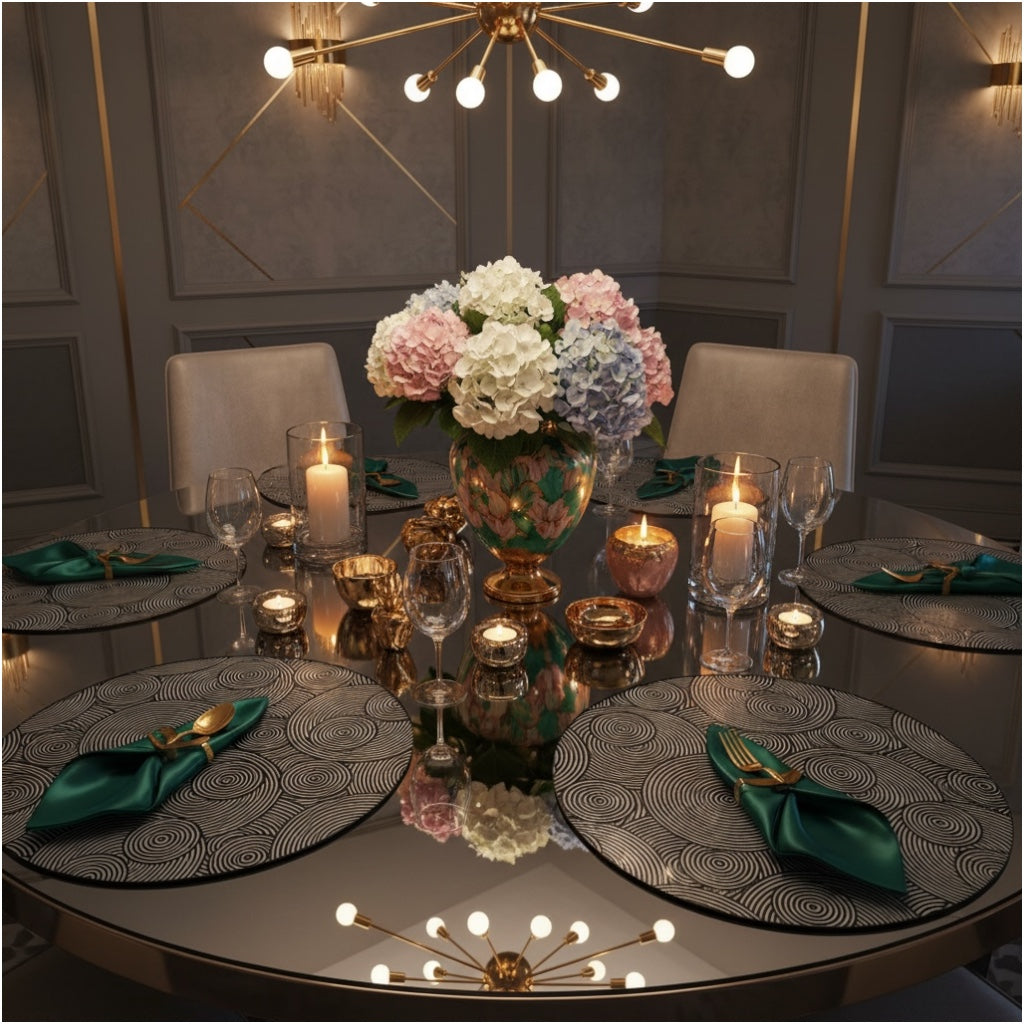 Luxury Black Geometric Design Round Placemats – Set of 4 (38cm)