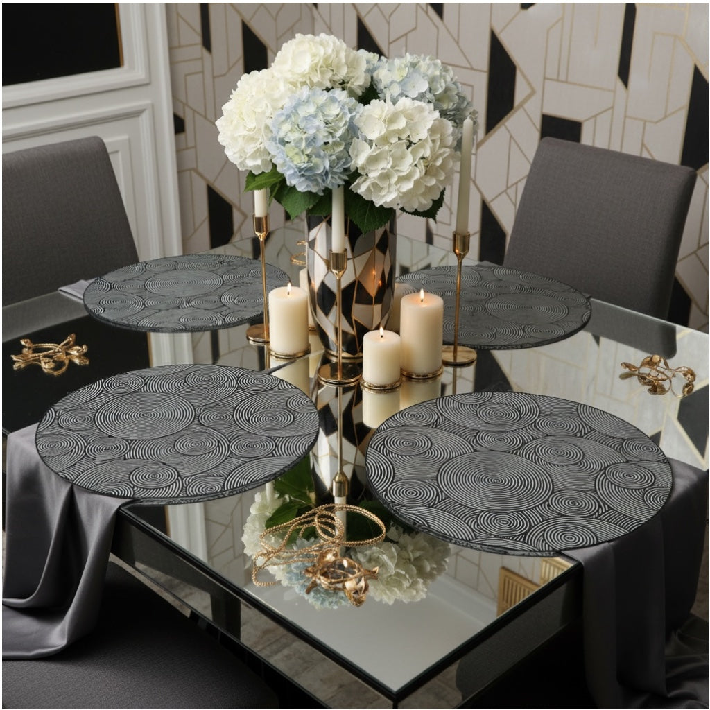 Luxury Black Geometric Design Round Placemats – Set of 4 (38cm)