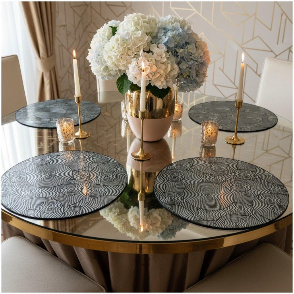 Luxury Black Geometric Design Round Placemats – Set of 4 (38cm)