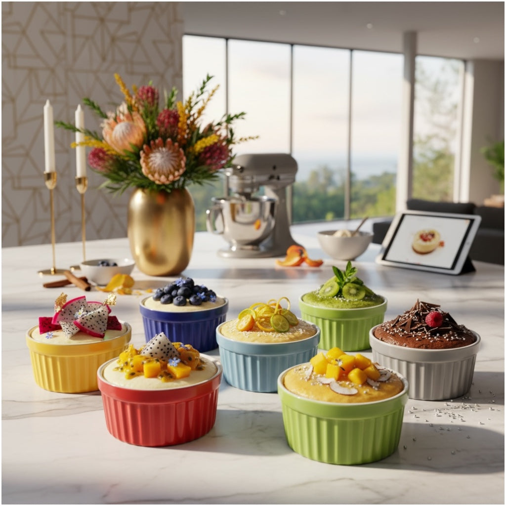 6 Piece Colourful Porcelain Ramekins - Oven Safe - Beautiful Dessert Set
