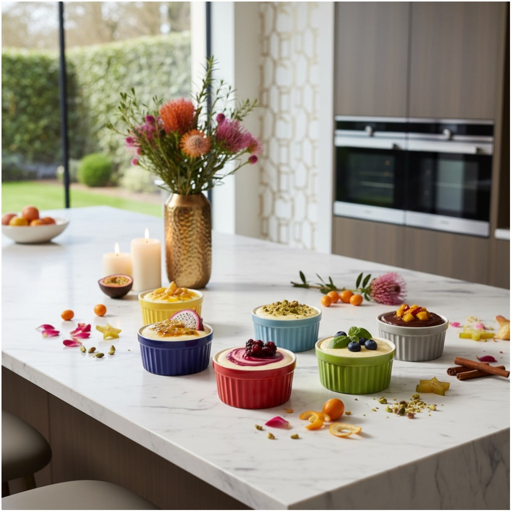 6 Piece Colourful Porcelain Ramekins - Oven Safe - Beautiful Dessert Set