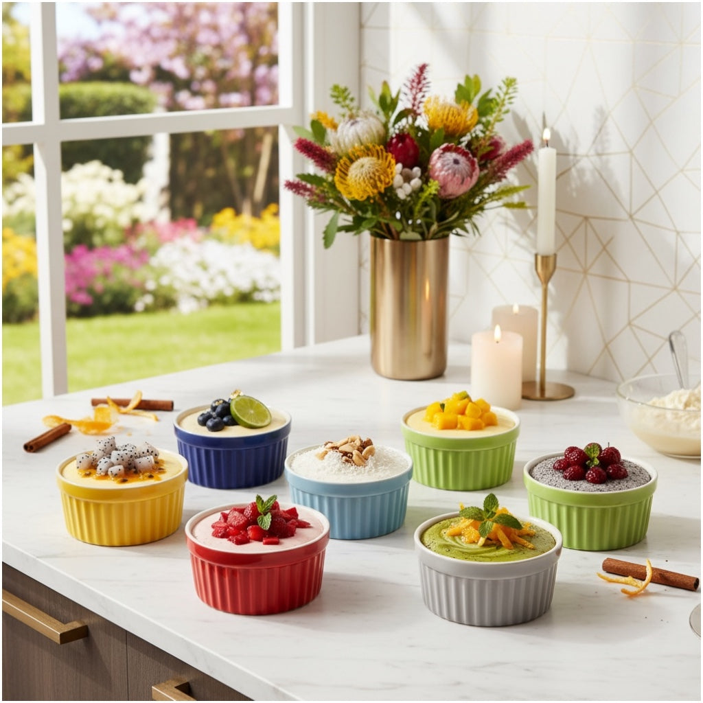 6 Piece Colourful Porcelain Ramekins - Oven Safe - Beautiful Dessert Set