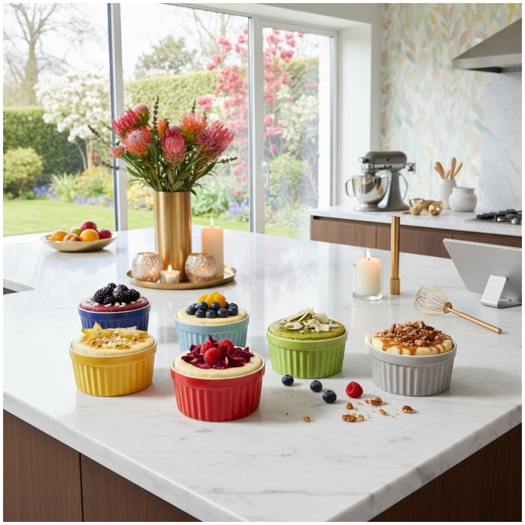 6 Piece Colourful Porcelain Ramekins - Oven Safe - Beautiful Dessert Set