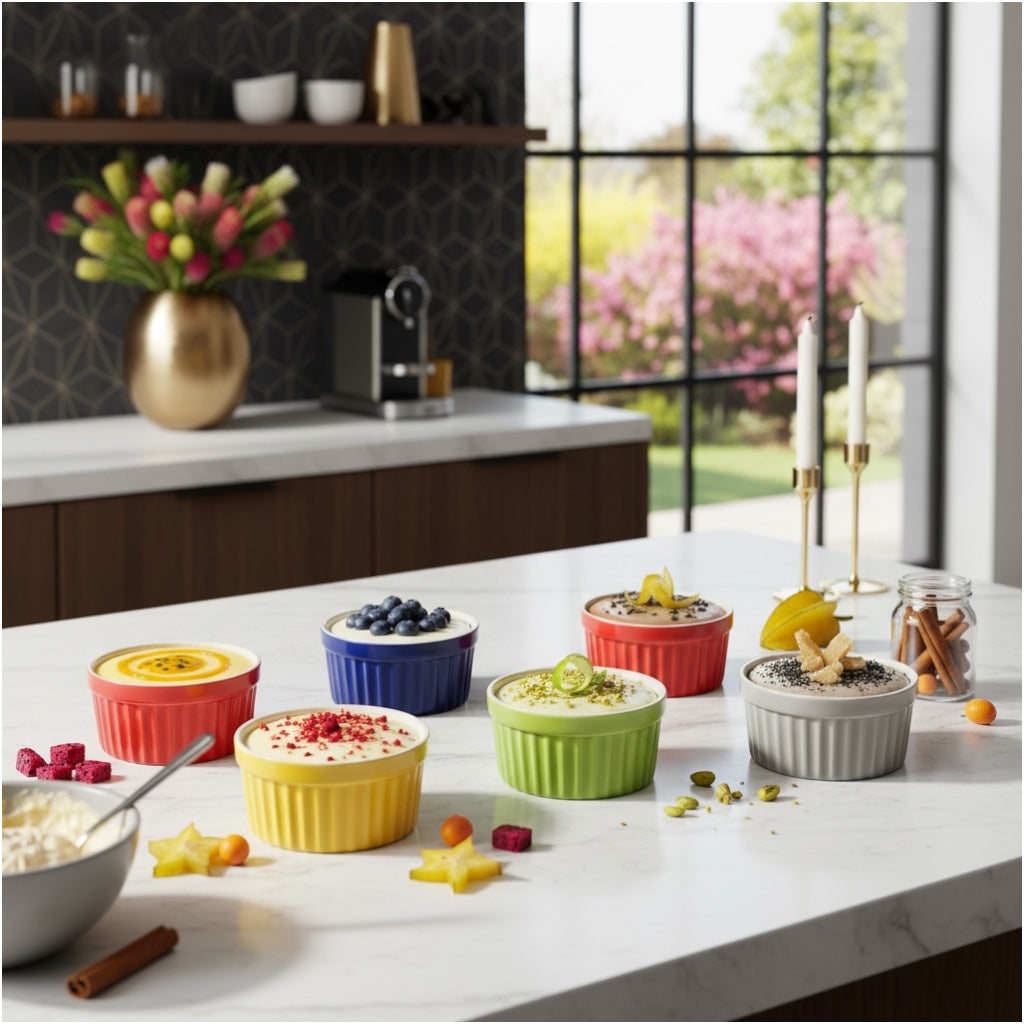 6 Piece Colourful Porcelain Ramekins - Oven Safe - Beautiful Dessert Set