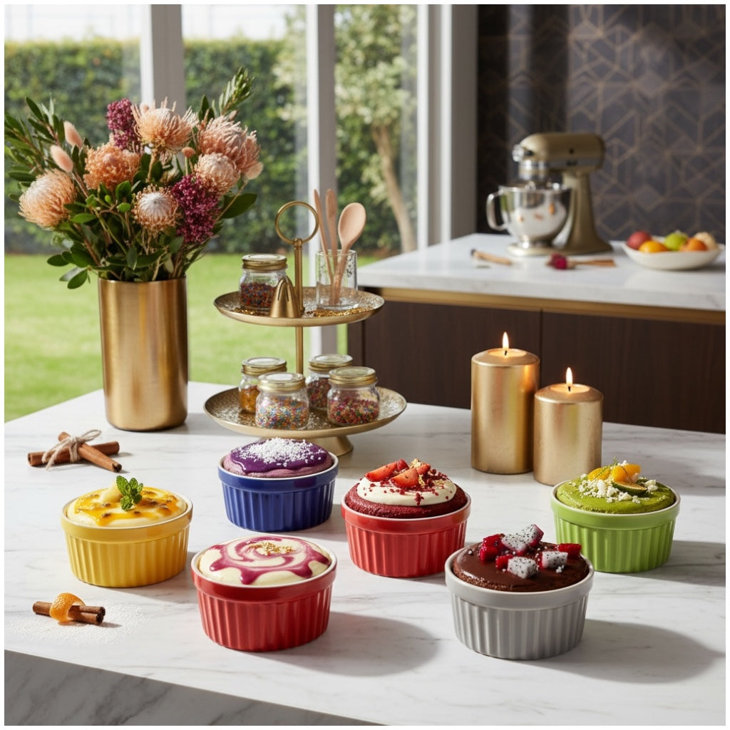 6 Piece Colourful Porcelain Ramekins - Oven Safe - Beautiful Dessert Set