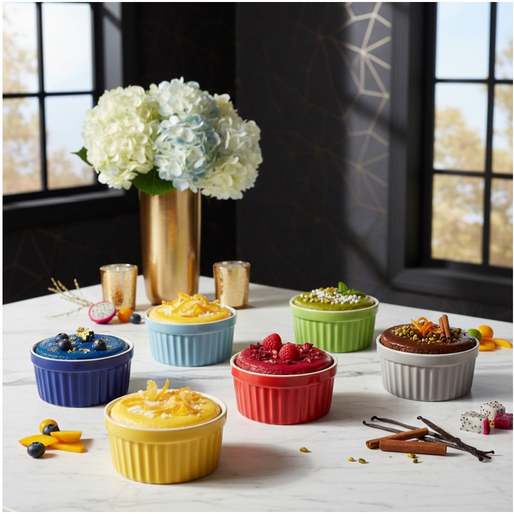 6 Piece Colourful Porcelain Ramekins - Oven Safe - Beautiful Dessert Set