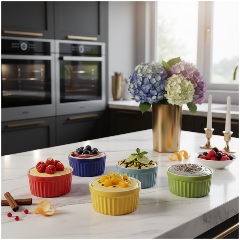 6 Piece Colourful Porcelain Ramekins - Oven Safe - Beautiful Dessert Set