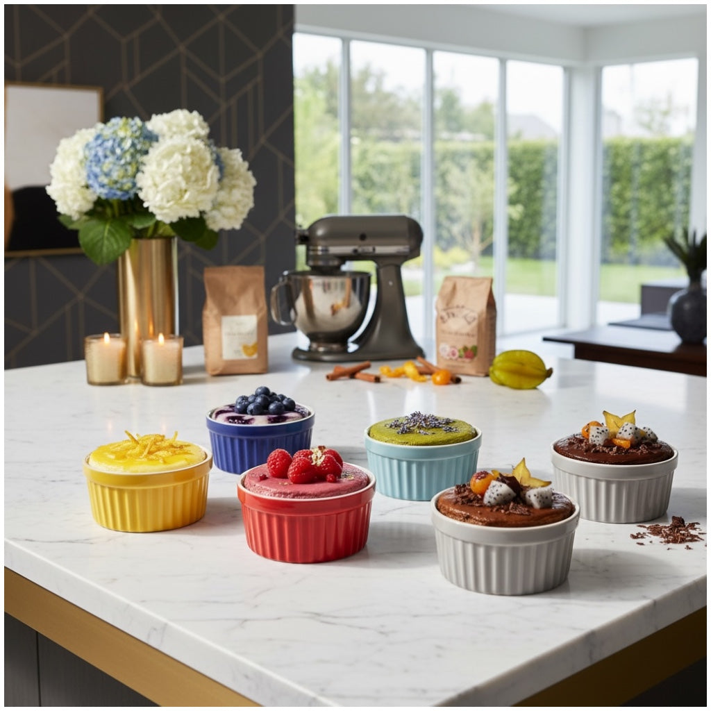 6 Piece Colourful Porcelain Ramekins - Oven Safe - Beautiful Dessert Set