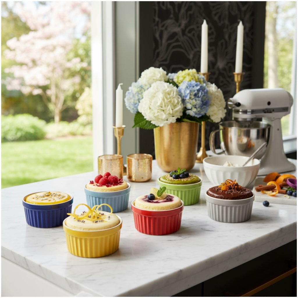 6 Piece Colourful Porcelain Ramekins - Oven Safe - Beautiful Dessert Set