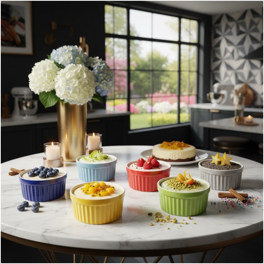 6 Piece Colourful Porcelain Ramekins - Oven Safe - Beautiful Dessert Set