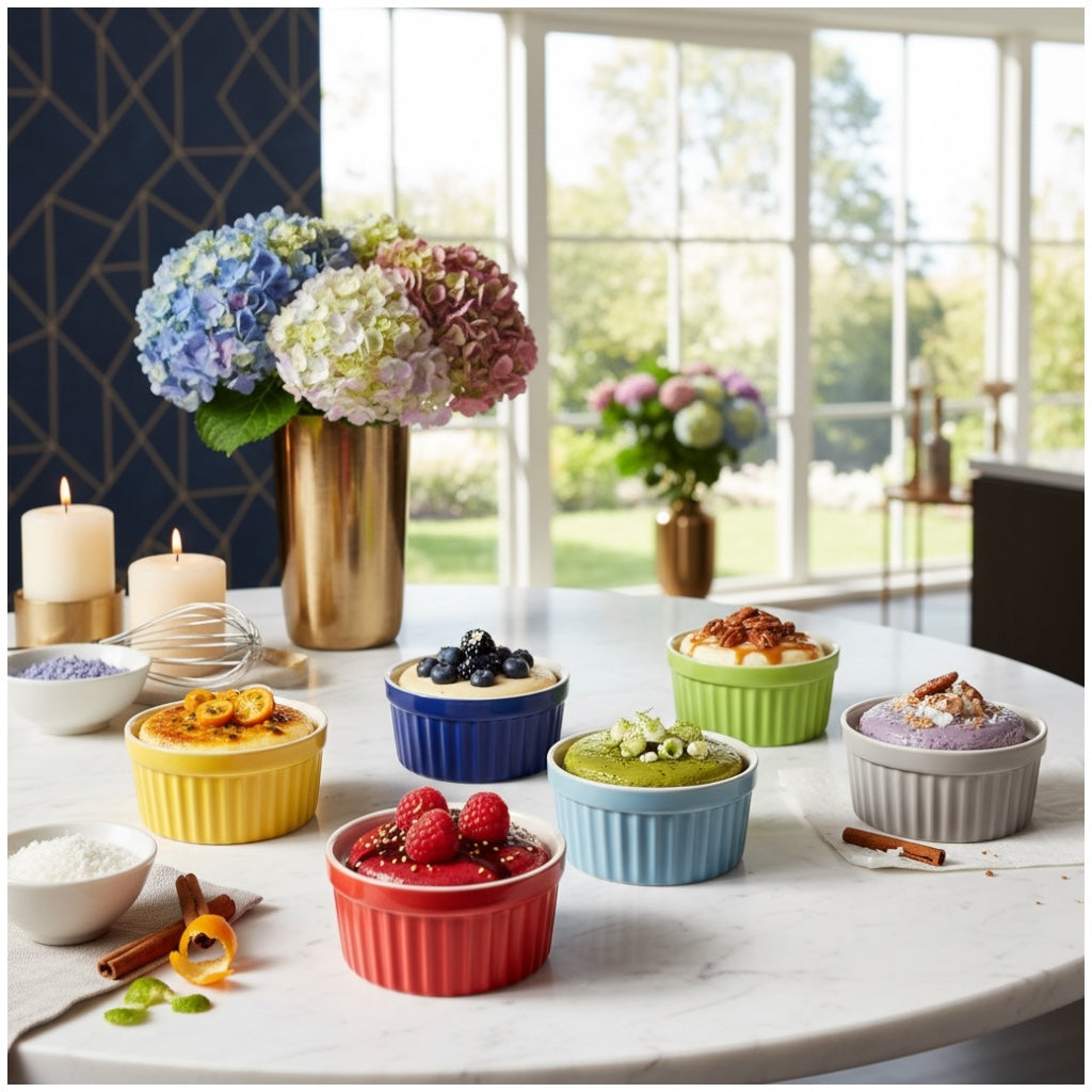 6 Piece Colourful Porcelain Ramekins - Oven Safe - Beautiful Dessert Set