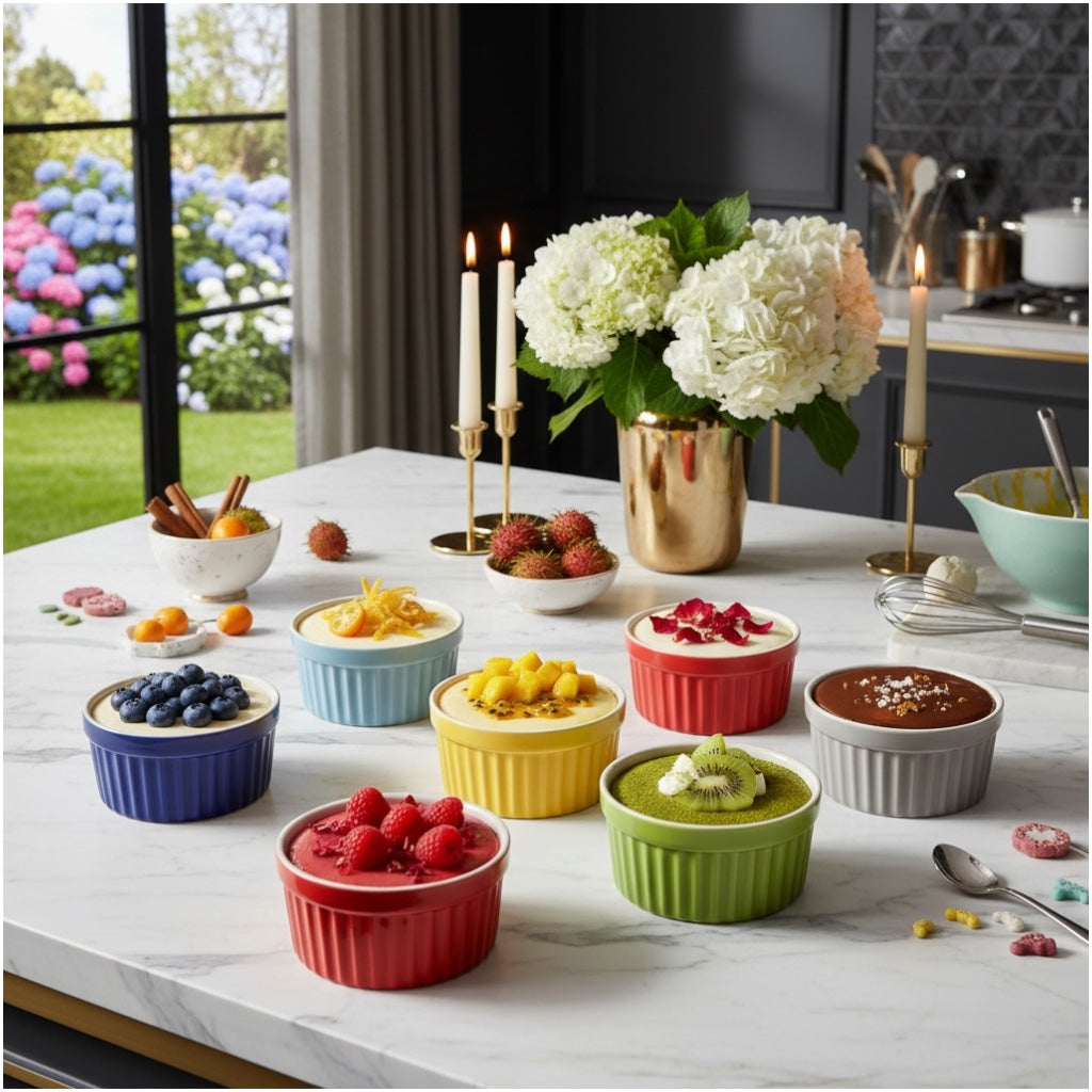 6 Piece Colourful Porcelain Ramekins - Oven Safe - Beautiful Dessert Set
