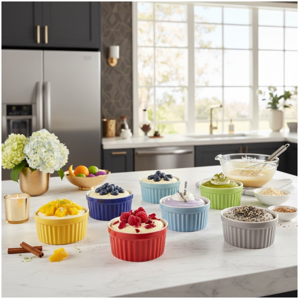 6 Piece Colourful Porcelain Ramekins - Oven Safe - Beautiful Dessert Set