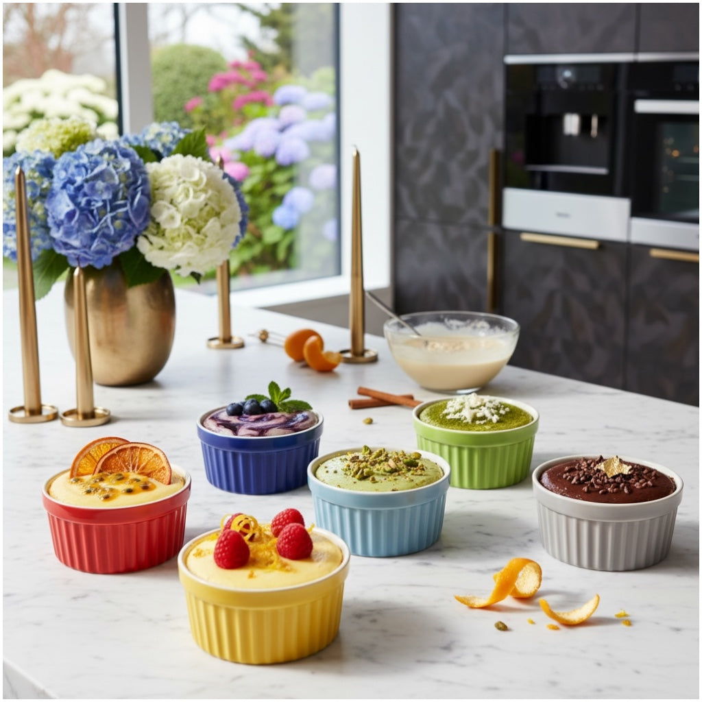 6 Piece Colourful Porcelain Ramekins - Oven Safe - Beautiful Dessert Set