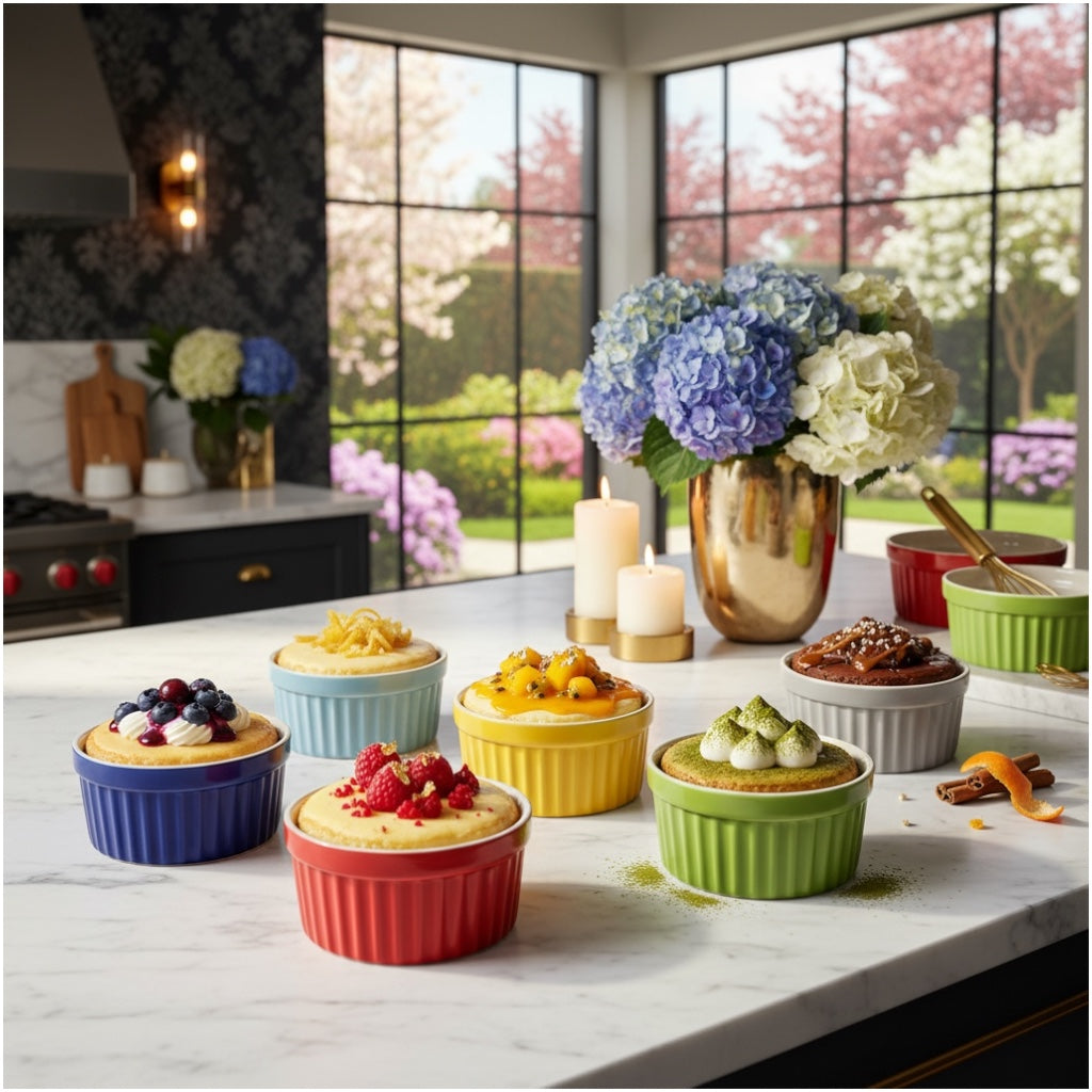 6 Piece Colourful Porcelain Ramekins - Oven Safe - Beautiful Dessert Set
