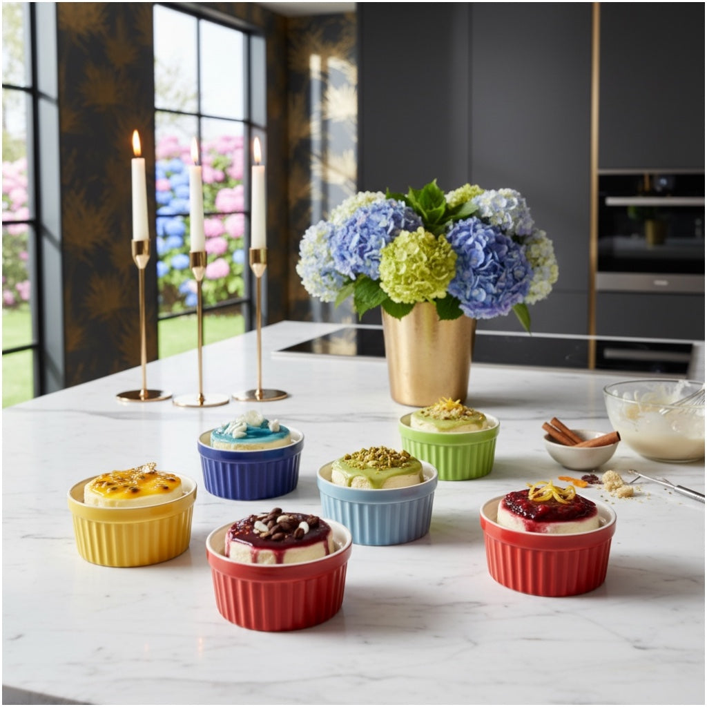 6 Piece Colourful Porcelain Ramekins - Oven Safe - Beautiful Dessert Set