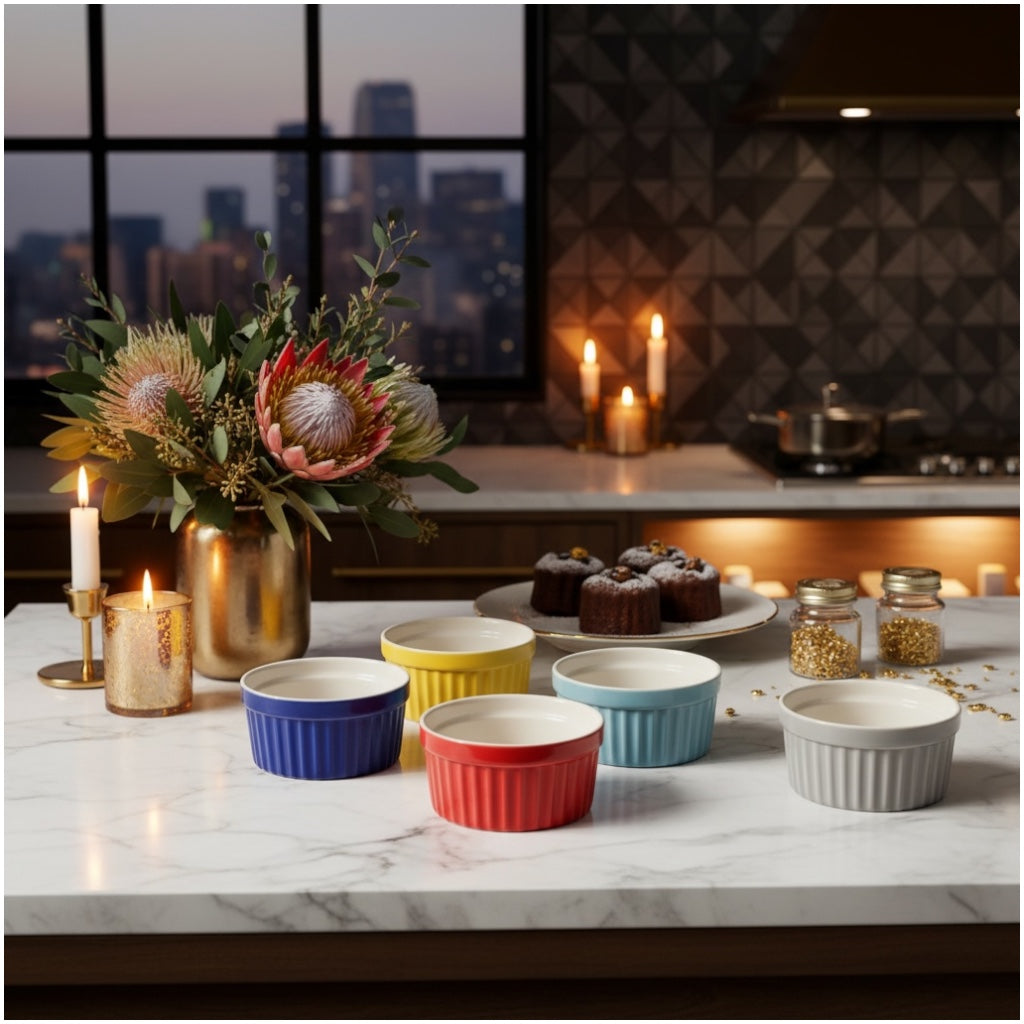 6 Piece Colourful Porcelain Ramekins - Oven Safe - Beautiful Dessert Set