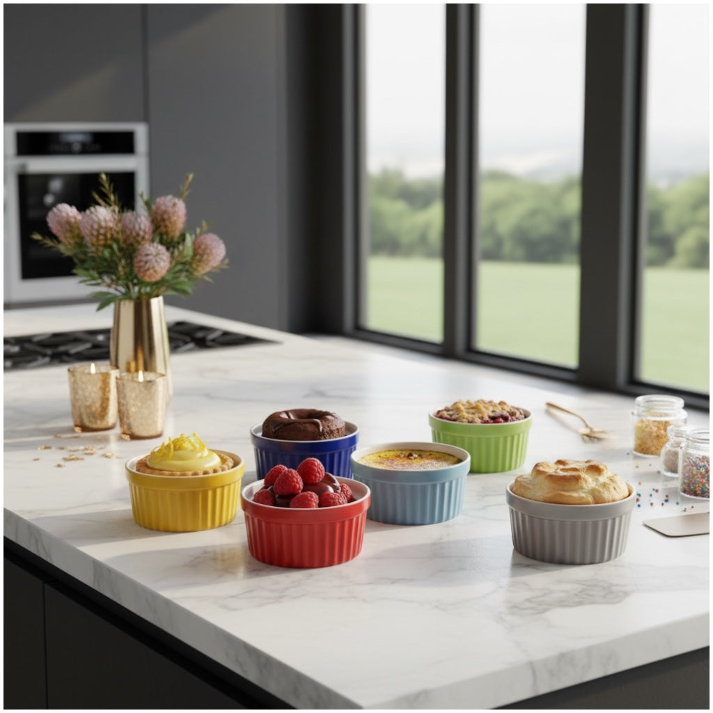 6 Piece Colourful Porcelain Ramekins - Oven Safe - Beautiful Dessert Set