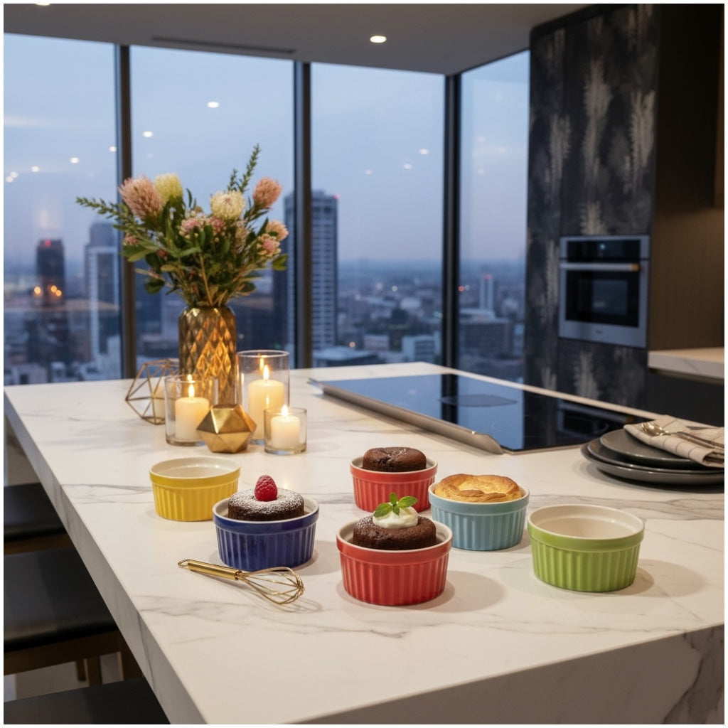6 Piece Colourful Porcelain Ramekins - Oven Safe - Beautiful Dessert Set