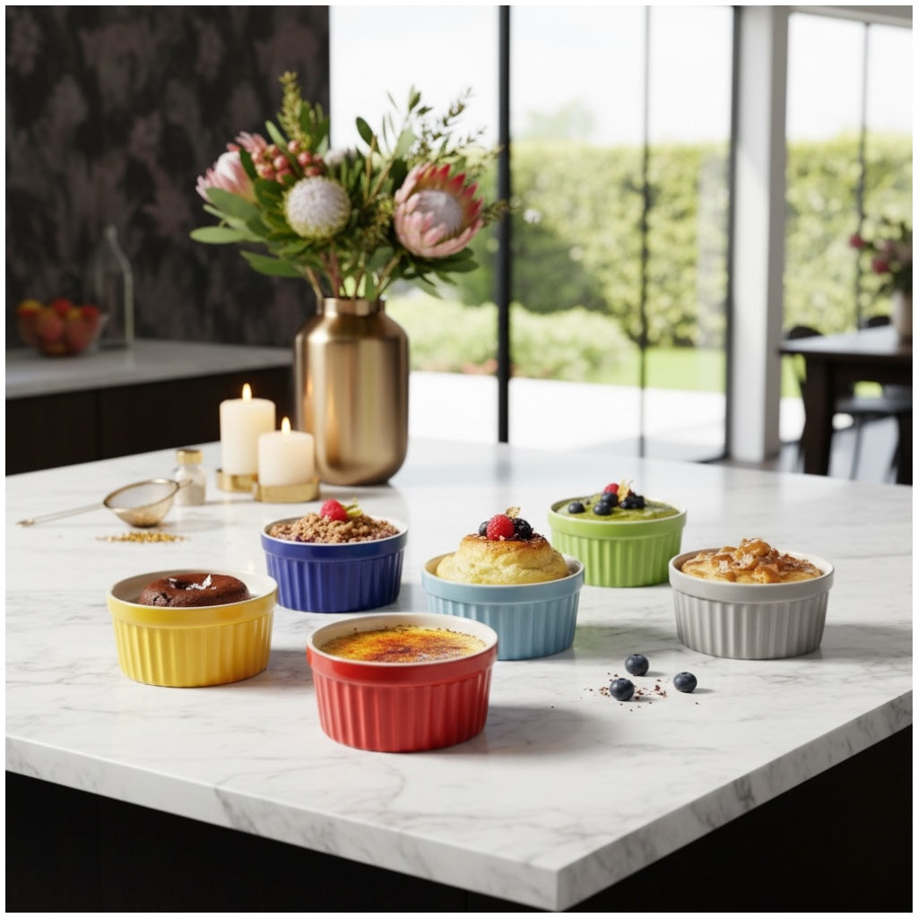 6 Piece Colourful Porcelain Ramekins - Oven Safe - Beautiful Dessert Set