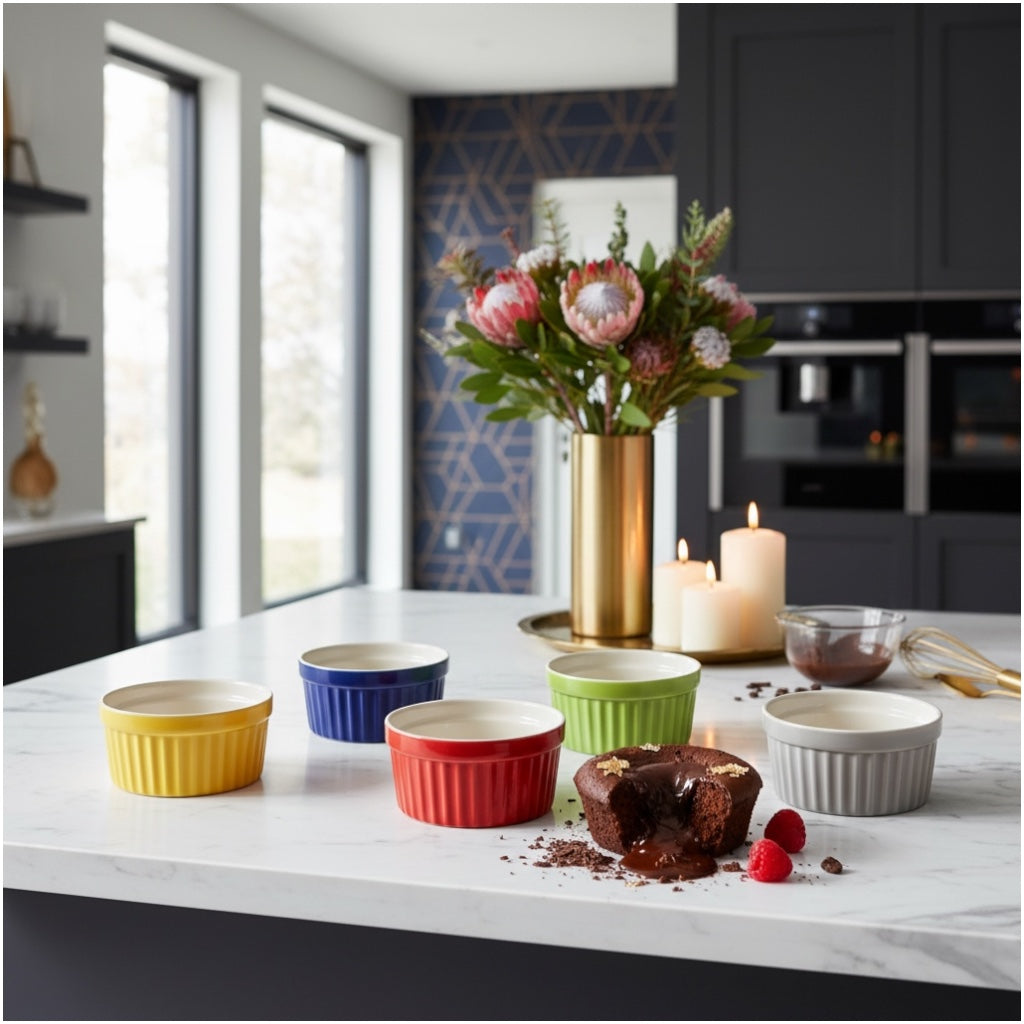 6 Piece Colourful Porcelain Ramekins - Oven Safe - Beautiful Dessert Set