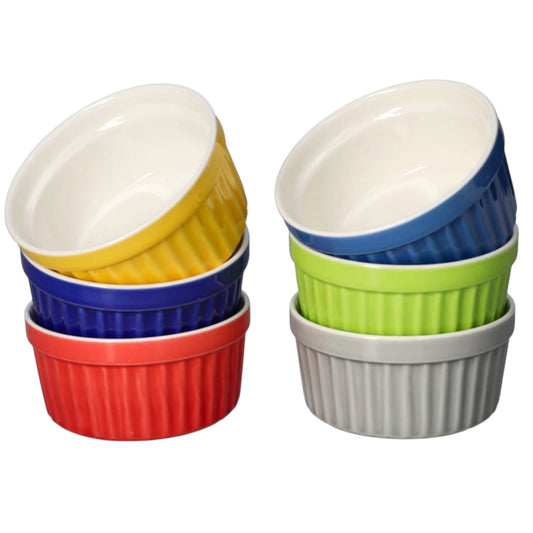 6 Piece Colourful Porcelain Ramekins - Oven Safe - Beautiful Dessert Set