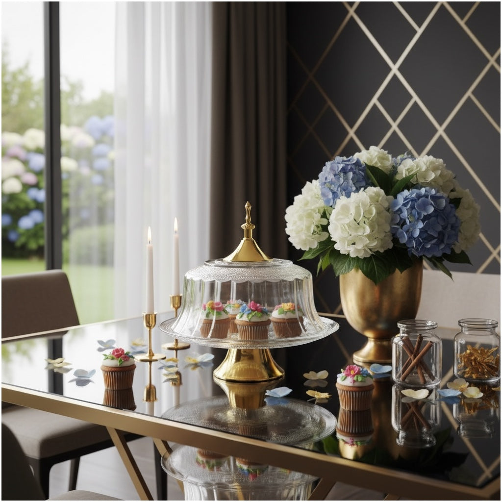 Luxury Glass Cake Dome with Gold Stand - 25.5cm - 2 piece - Display Set