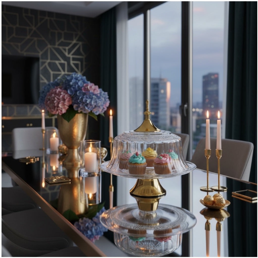 Luxury Glass Cake Dome with Gold Stand - 25.5cm - 2 piece - Display Set