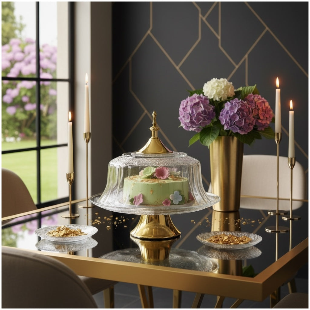 Luxury Glass Cake Dome with Gold Stand - 25.5cm - 2 piece - Display Set