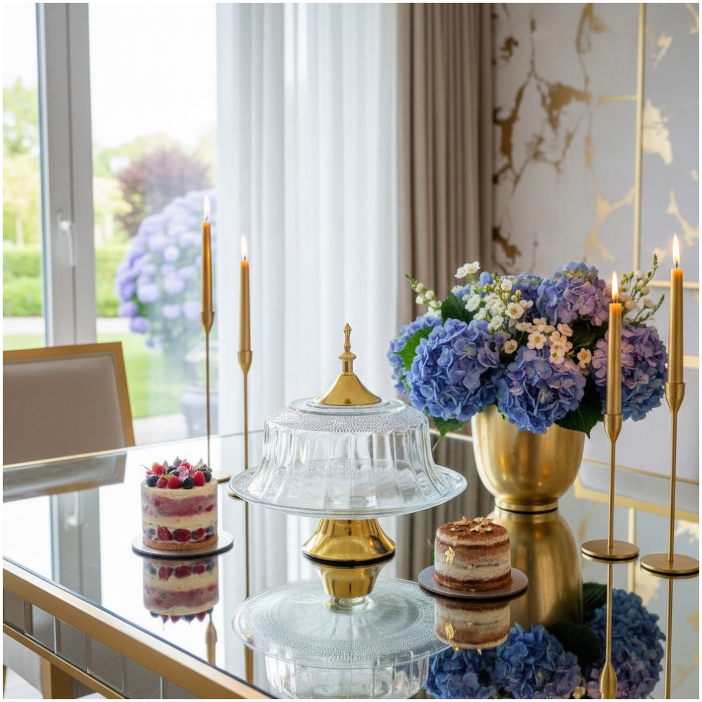 Luxury Glass Cake Dome with Gold Stand - 25.5cm - 2 piece - Display Set