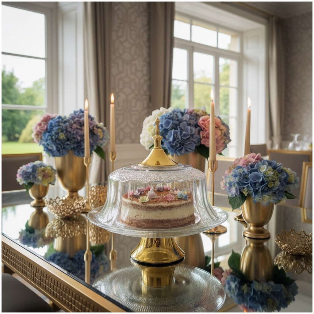 Luxury Glass Cake Dome with Gold Stand - 25.5cm - 2 piece - Display Set