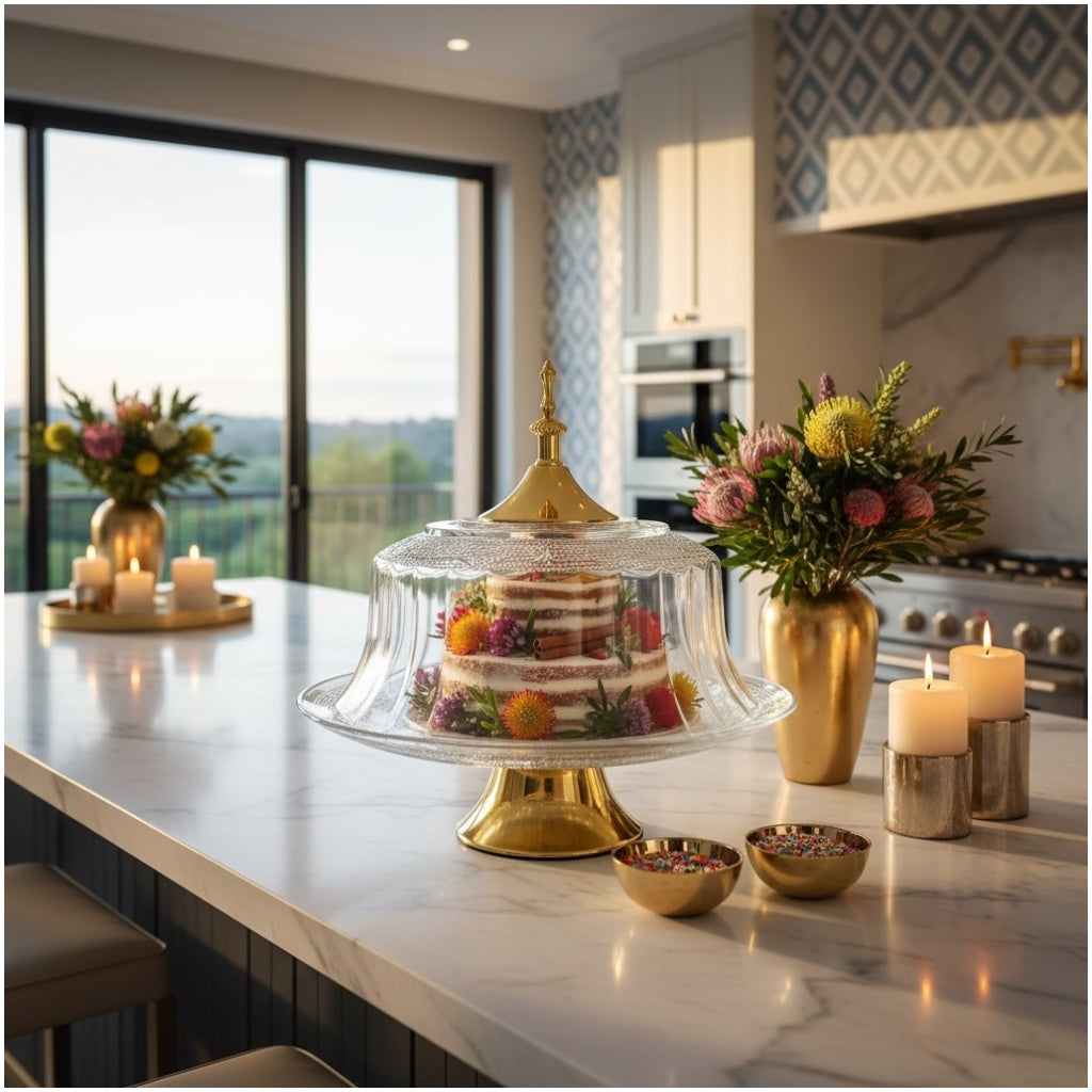 Luxury Glass Cake Dome with Gold Stand - 25.5cm - 2 piece - Display Set