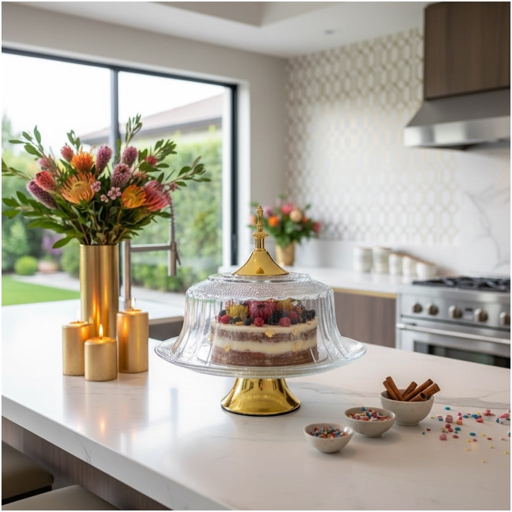 Luxury Glass Cake Dome with Gold Stand - 25.5cm - 2 piece - Display Set