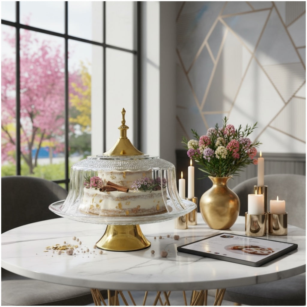 Luxury Glass Cake Dome with Gold Stand - 25.5cm - 2 piece - Display Set