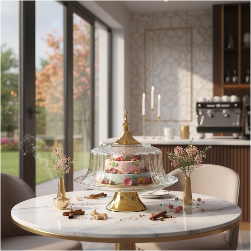 Luxury Glass Cake Dome with Gold Stand - 25.5cm - 2 piece - Display Set
