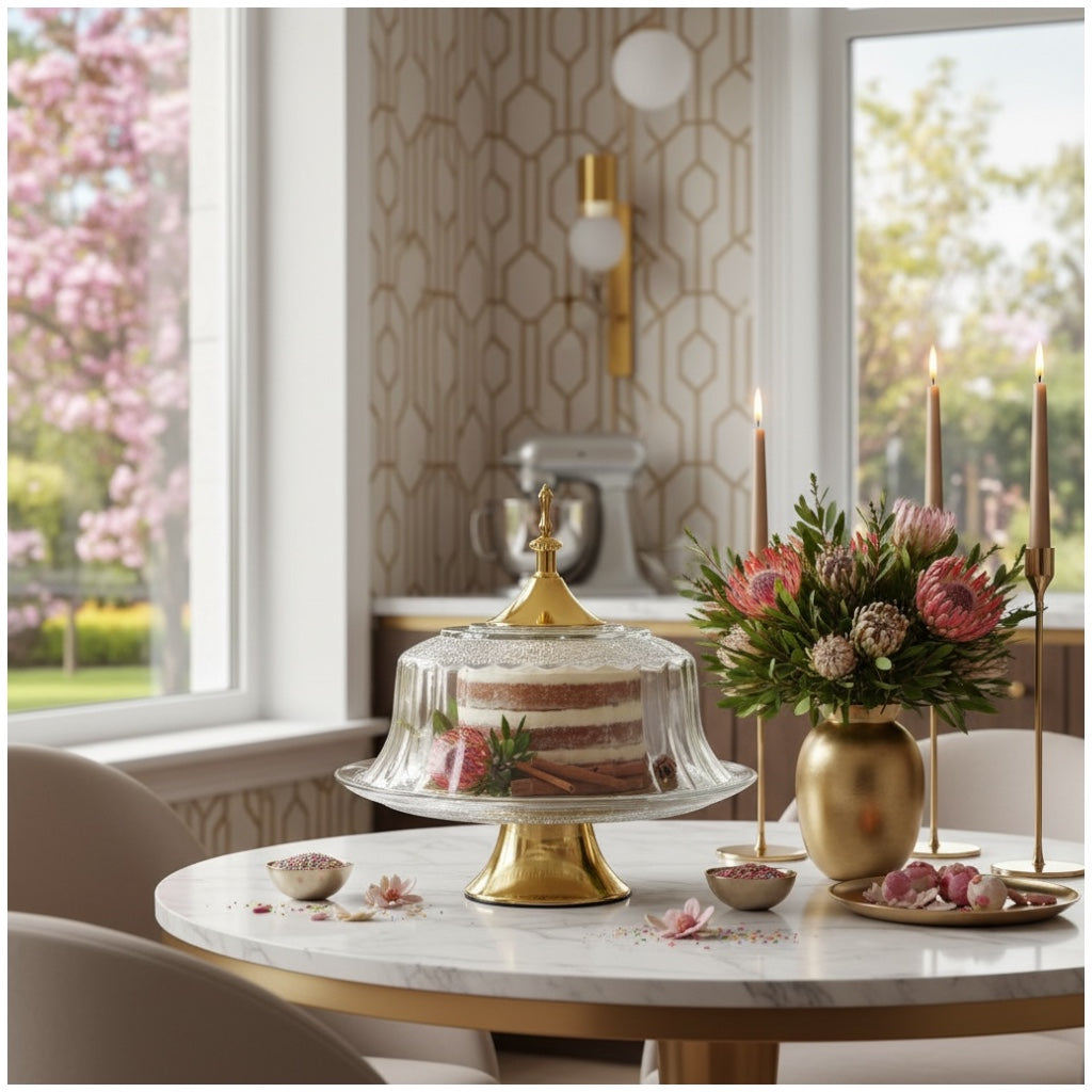Luxury Glass Cake Dome with Gold Stand - 25.5cm - 2 piece - Display Set