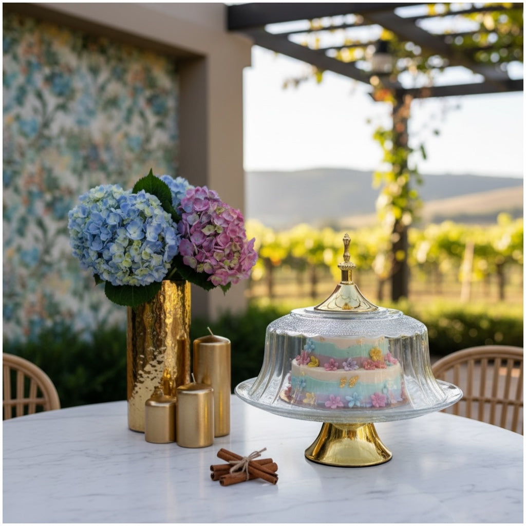 Luxury Glass Cake Dome with Gold Stand - 25.5cm - 2 piece - Display Set