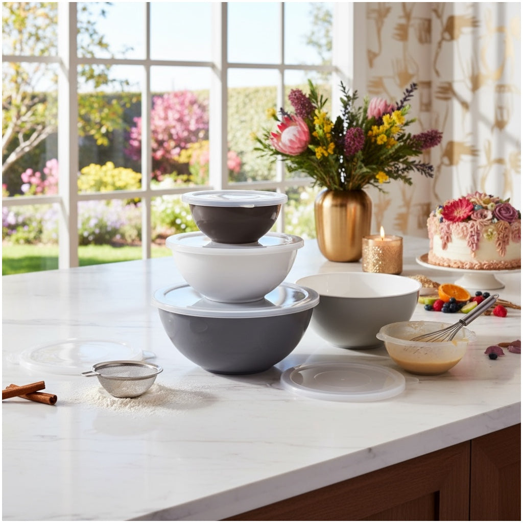 12 Piece Nesting Mixing Bowl Set with Lids - Cream Grey Storage