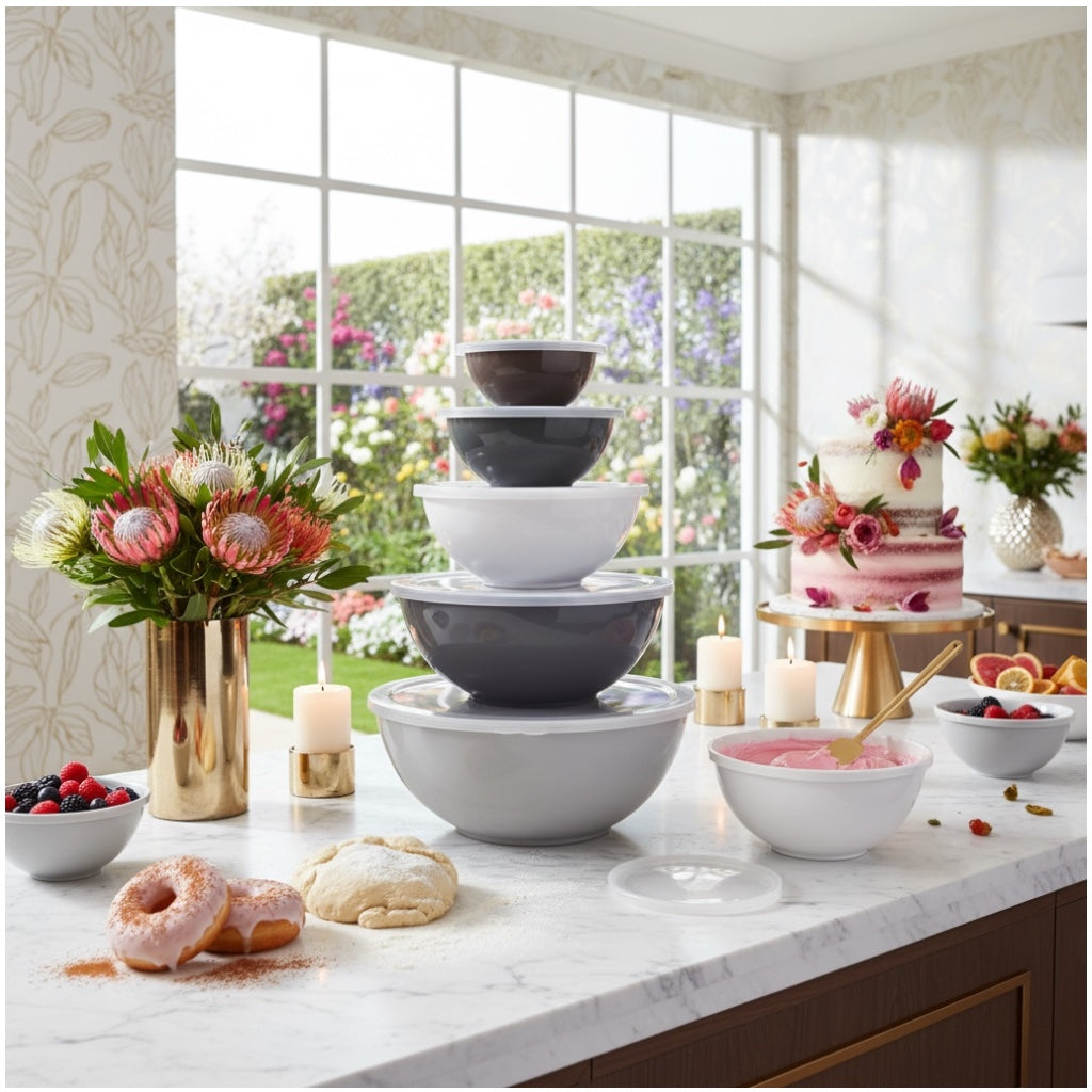 12 Piece Nesting Mixing Bowl Set with Lids - Cream Grey Storage