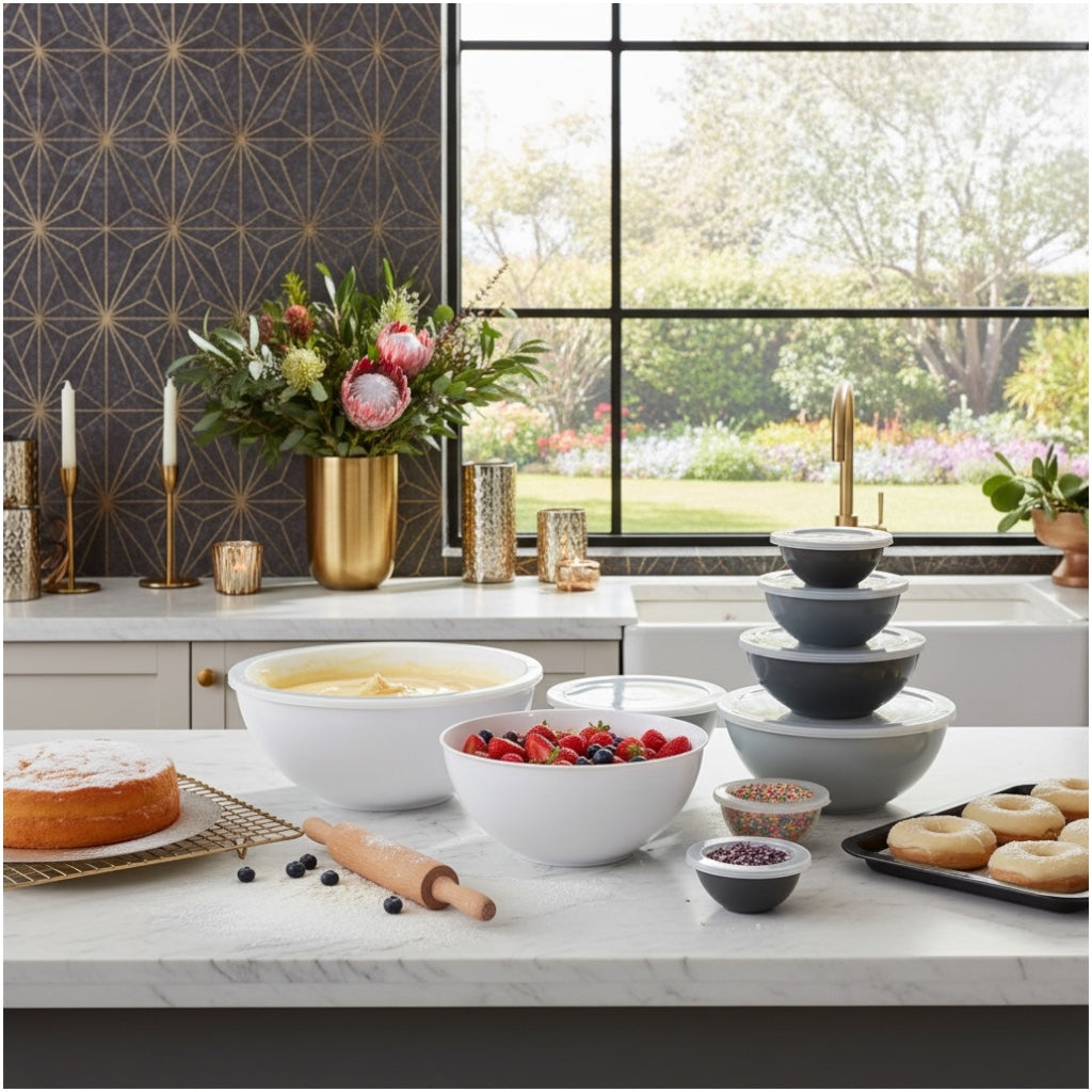 12 Piece Nesting Mixing Bowl Set with Lids - Cream Grey Storage
