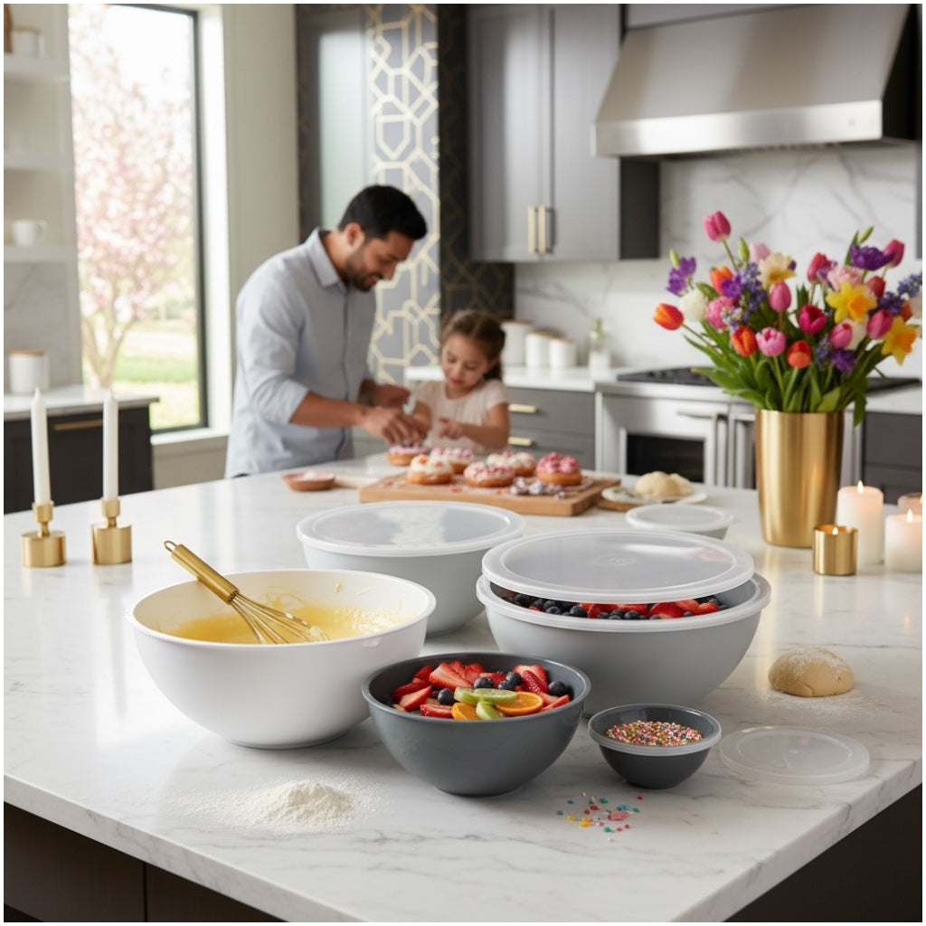 12 Piece Nesting Mixing Bowl Set with Lids - Cream Grey Storage
