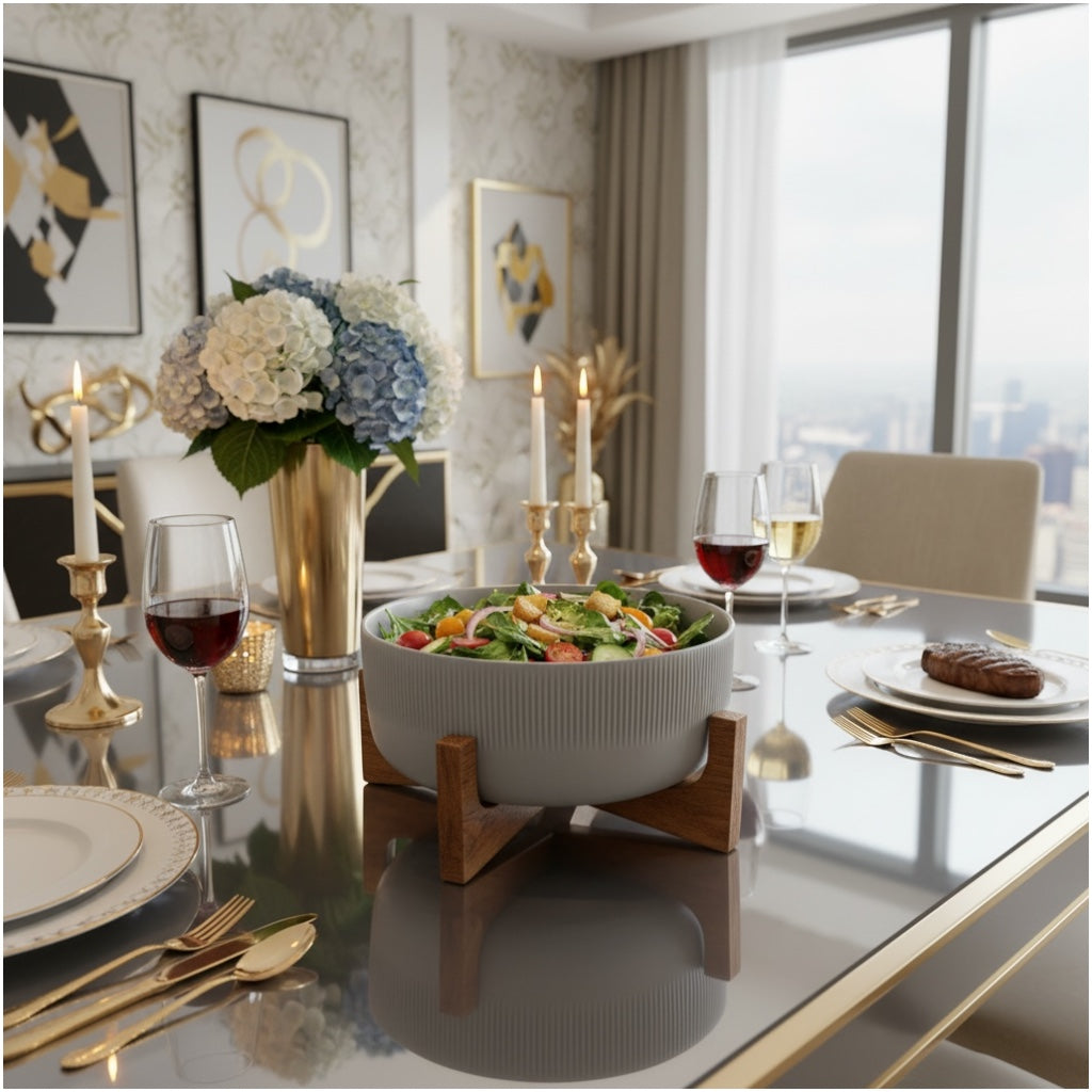 Elevated Salad Serving Bowl with Wooden Stand– Elegant Centrepiece (22.3cm)