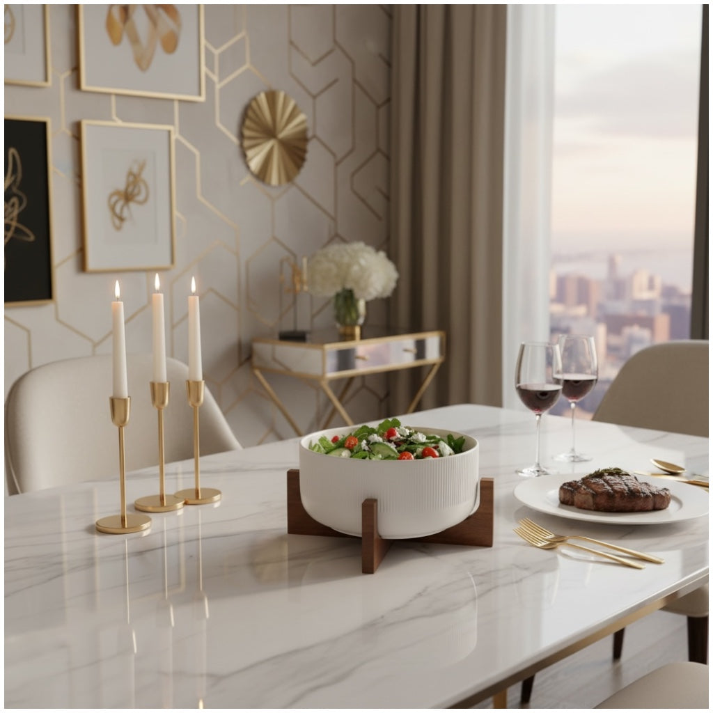 Elevated Salad Serving Bowl with Wooden Stand– Elegant Centrepiece (22.3cm)